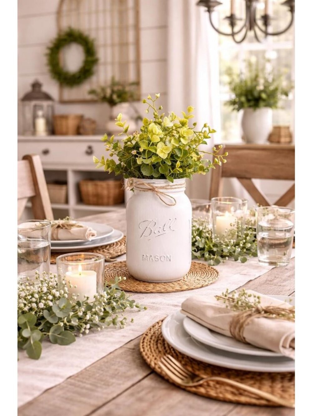 Rustic Farmhouse Mason Jar Centerpiece with Flowers | 10" Dining Table Decor - Picture 8 of 8